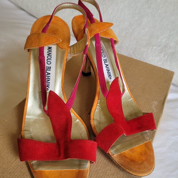 Manolo Blahnik strappy heeled suede sandals in size 36, in good condition. - Picture 1 of 5